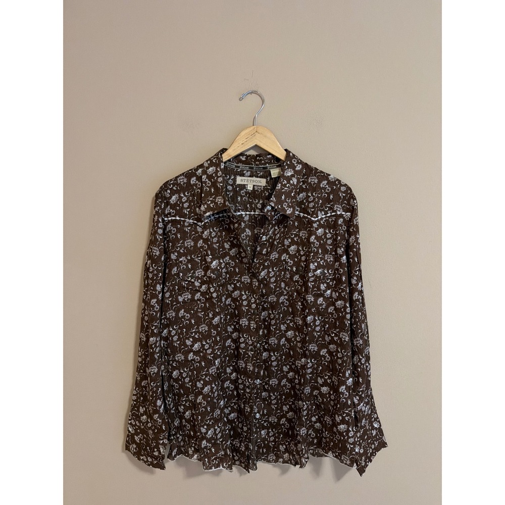 Stetson Womens Brown Floral Crinkle Western Snap Front Shirt Size 1X